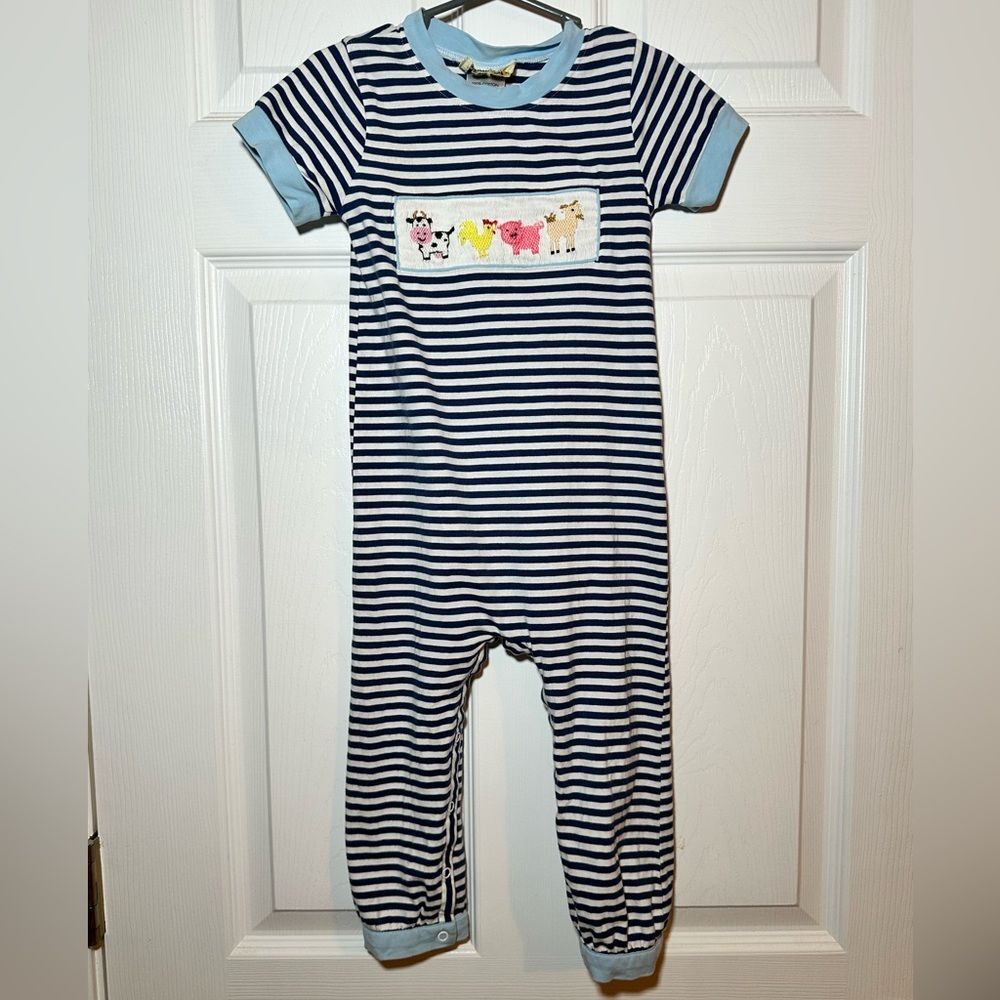 Busy Bee Smocks Short Sleeve Farm Animal Romper Toddler Size 3t, Navy Striped